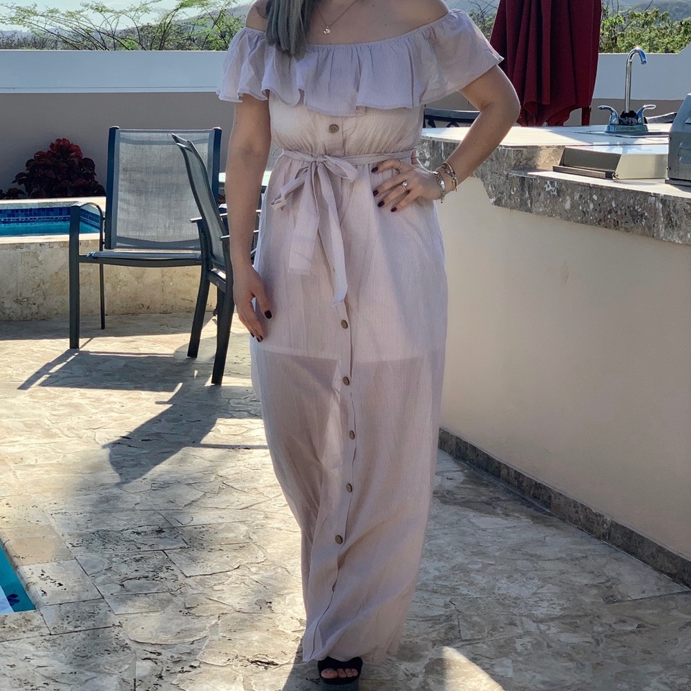 Offshoulder Taupe Stripes Maxi Dress